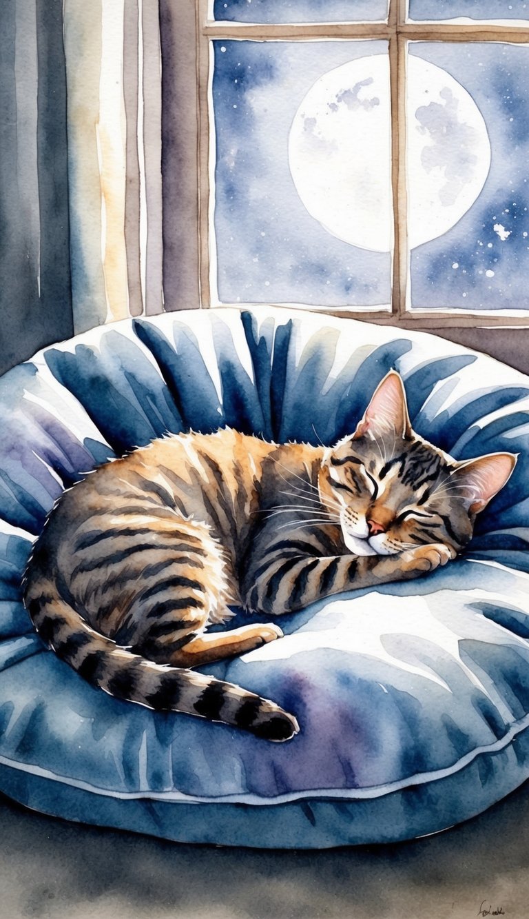 A sleeping cat on a cozy cushion, her body gently twitching as she dreams, with soft moonlight filtering through the window