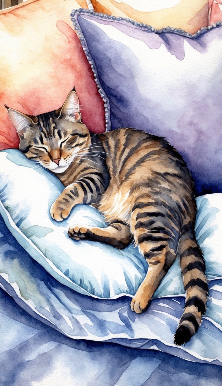 A sleeping cat with gentle, rhythmic twitches, nestled in a cozy bed surrounded by soft pillows and blankets