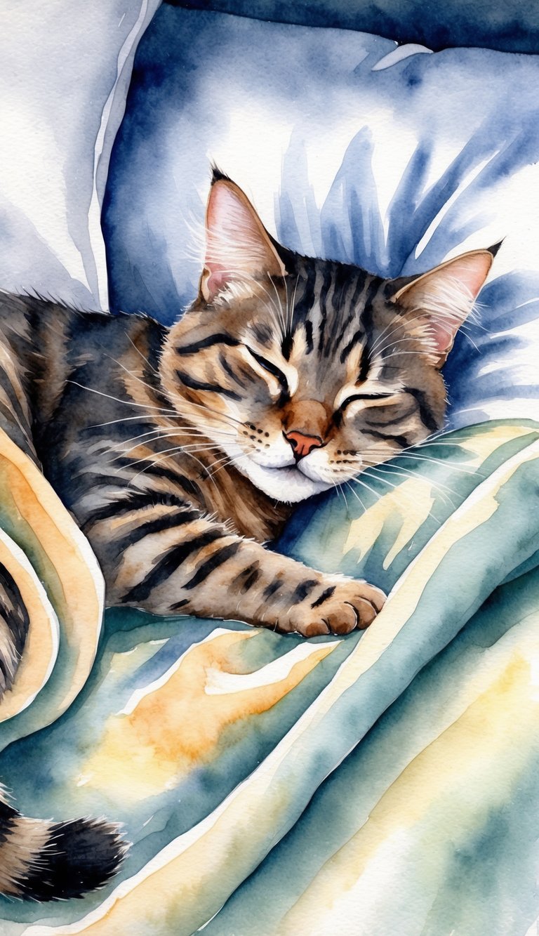 A cozy cat curled up on a soft blanket, twitching in her sleep with a curious expression on her face