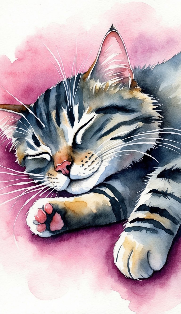 A sleeping cat with twitching paws and whiskers