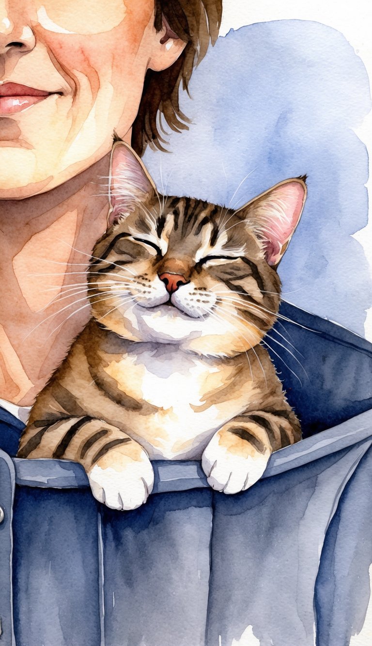 A cat perches on a person's chest, purring contentedly with half-closed eyes