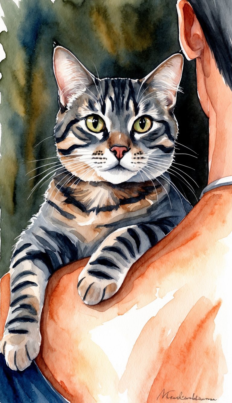 A cat perched on a person's chest, gazing intently with mysterious eyes