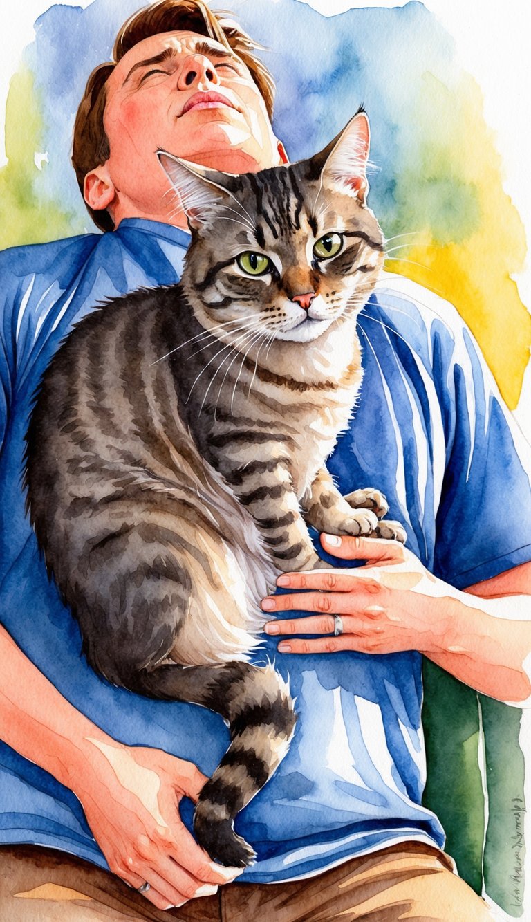A cat with a concerned expression sitting heavily on a person's chest as they struggle to breathe