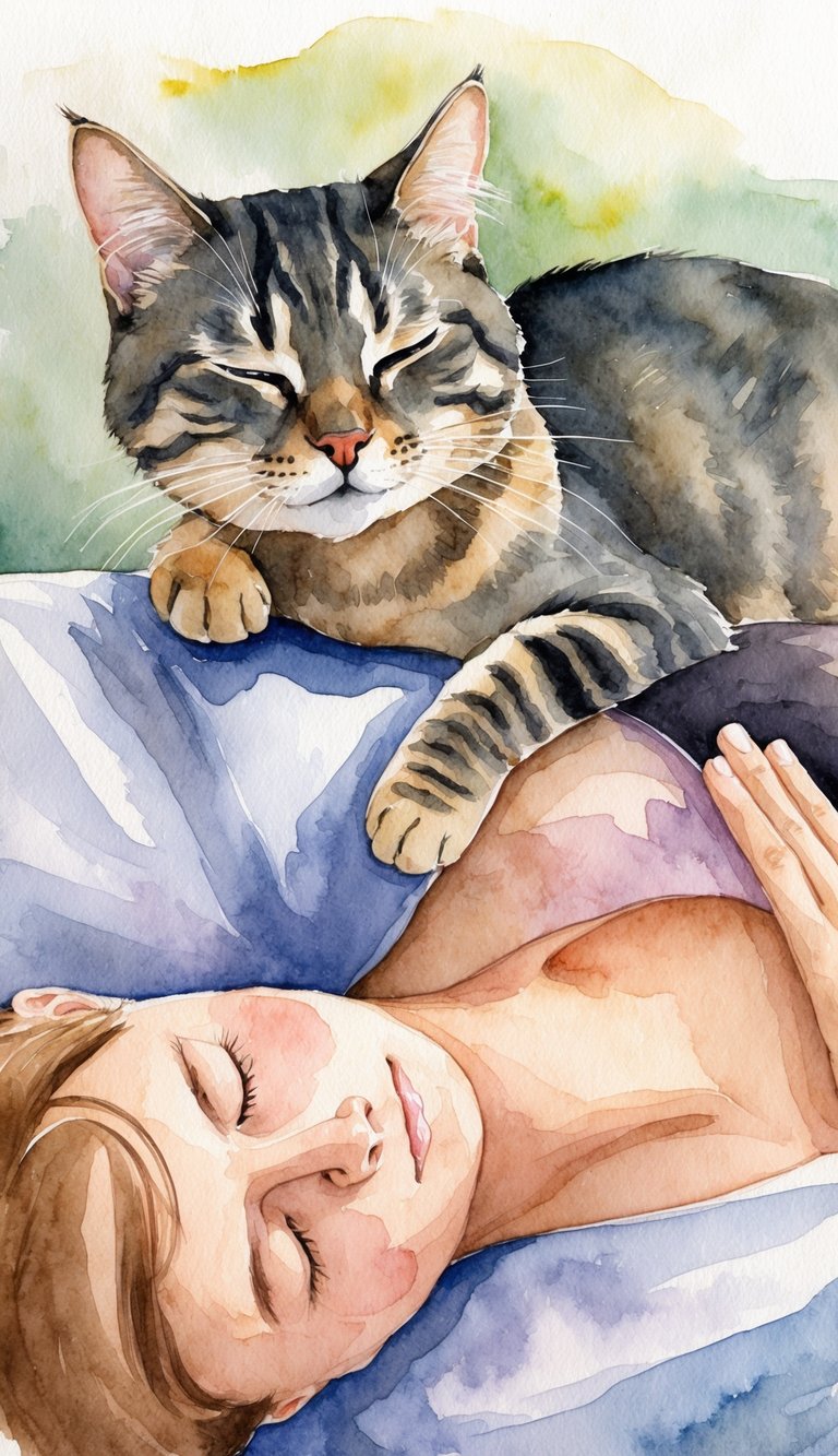 A contented cat perches on a person's chest, eyes half-closed, emitting a soft, rhythmic purr. The person lies back, relaxed, as the cat's soothing presence brings a sense of calm and comfort