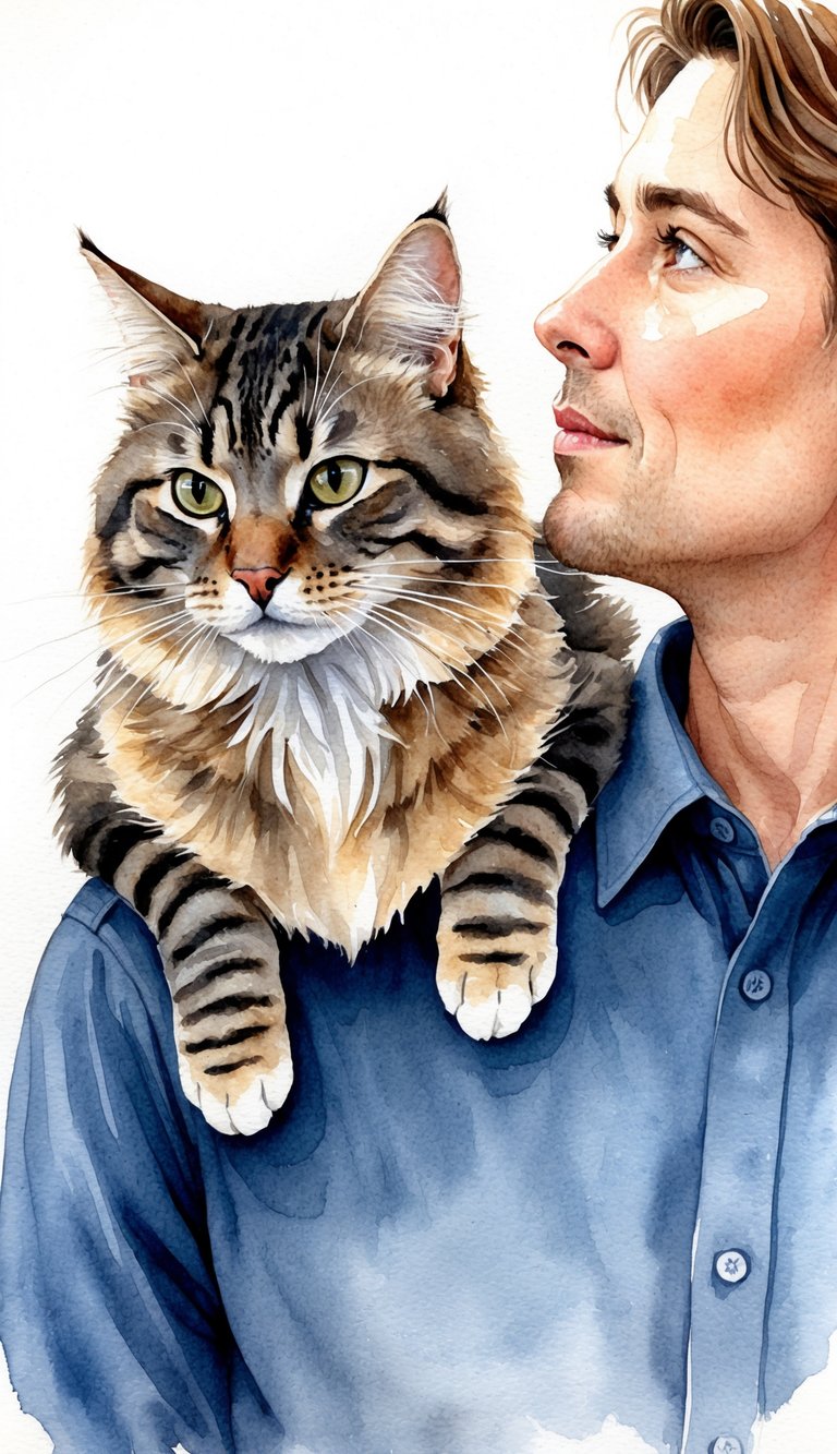 A regal cat perches on its human's chest, gazing down with a commanding presence. The human looks up at the cat with adoration and reverence