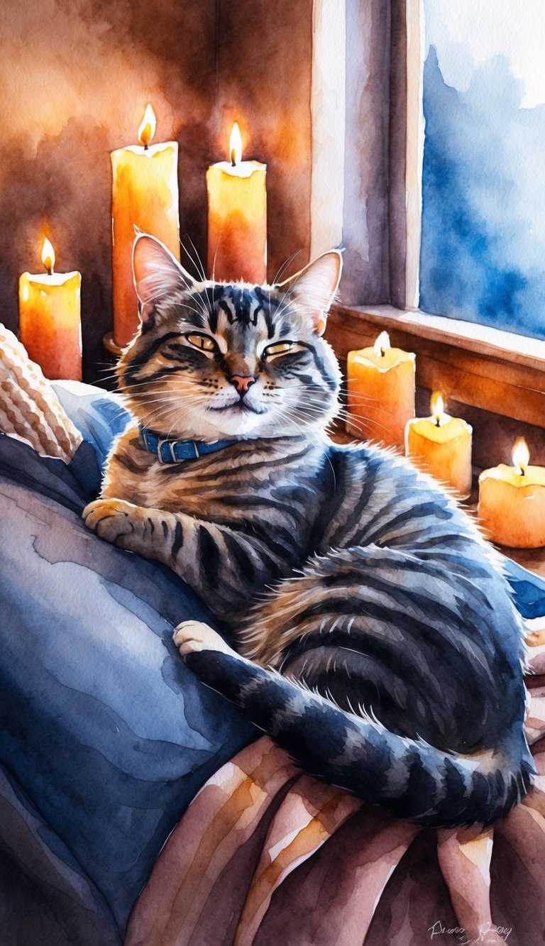 A cat sits on a person's chest, purring contentedly as they relax in a cozy, dimly lit room with flickering candles and a warm blanket