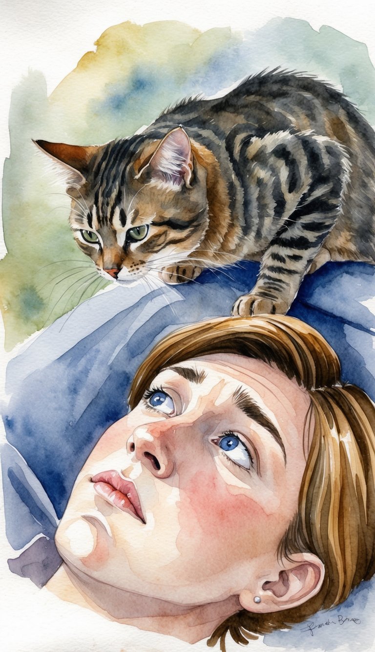A cat perched on a person's chest, looking down with a curious expression. The person is lying down, with a concerned look on their face