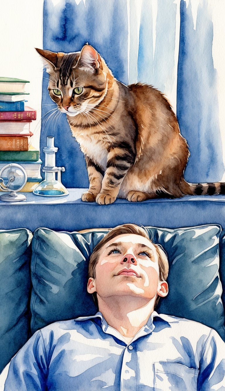 A cat perched on a person's chest, gazing down with curious eyes. The person lies on a couch, surrounded by books and scientific equipment