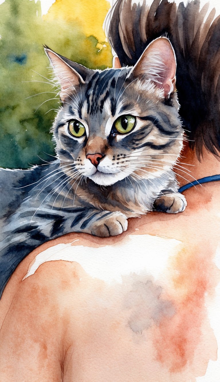 A cat perched on a person's chest, looking curiously into their eyes