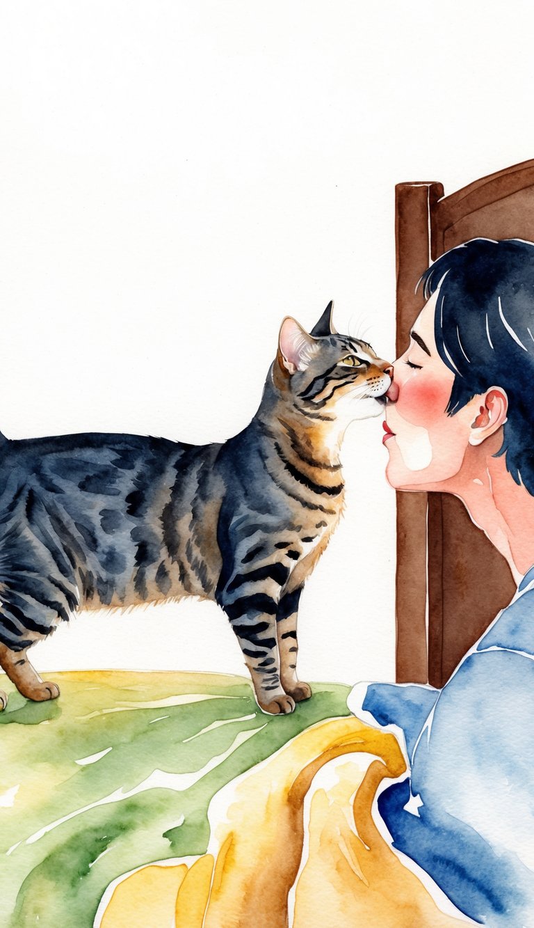A cat stands on a bed, leaning in to lick a person's nose while they sleep