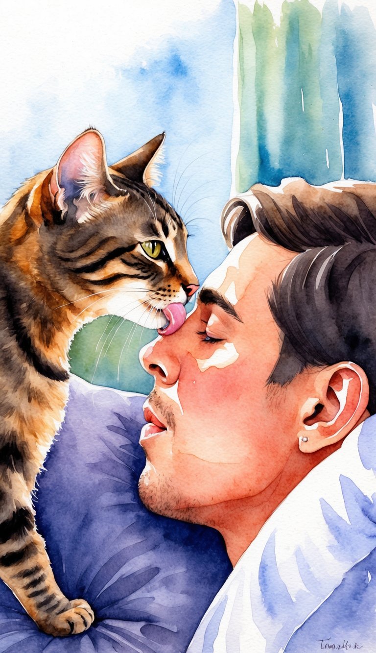 A cat perched on a pillow, leaning in to lick the nose of a sleeping person