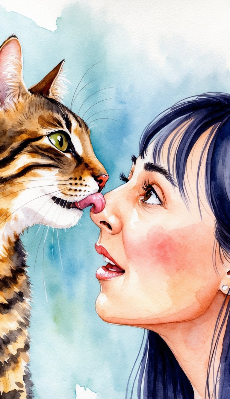 A cat affectionately licks the nose of its owner, who is looking down with a surprised yet amused expression