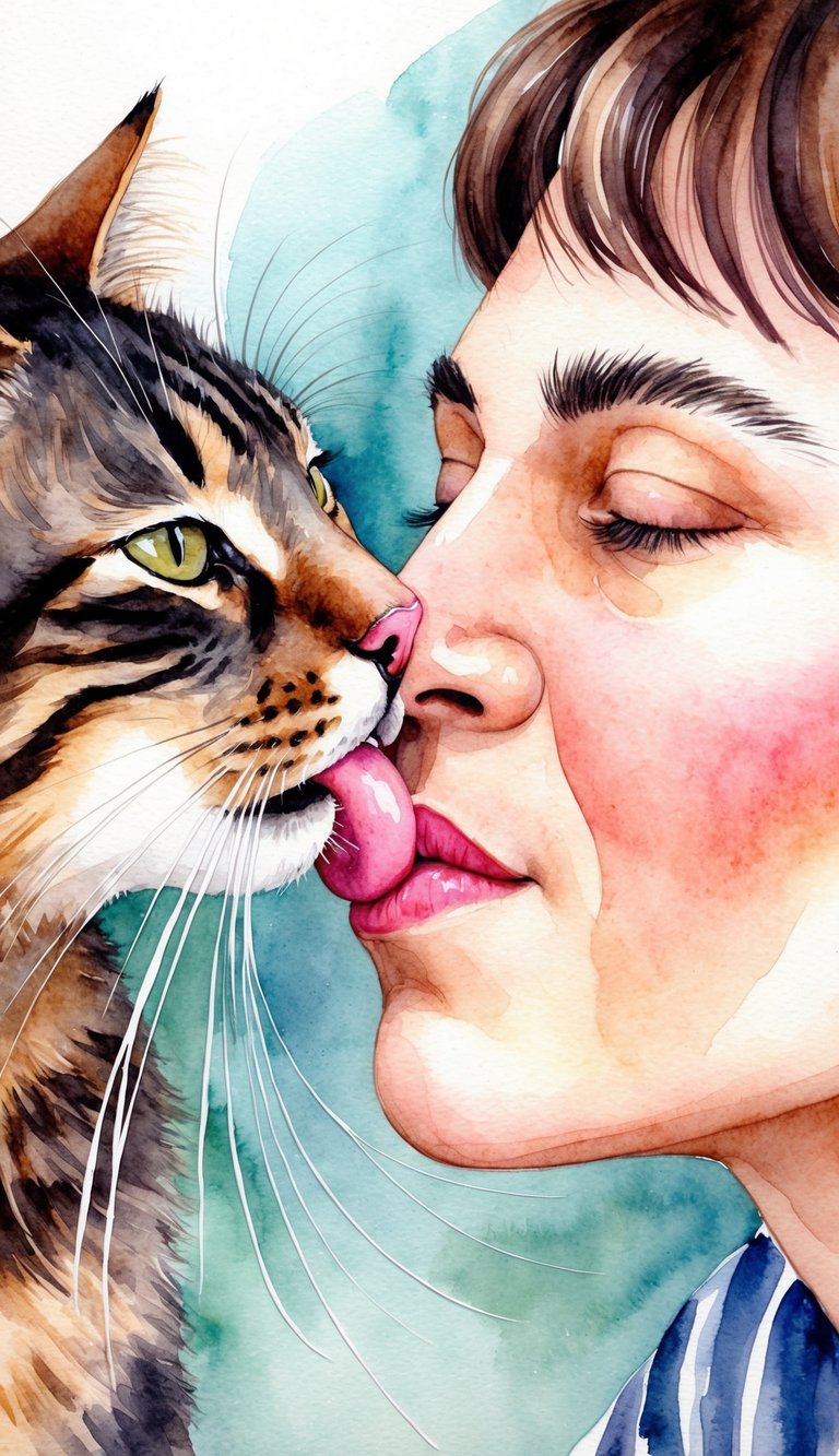 A cat with a pink nose and long whiskers leans in to lick the nose of a person, their eyes closed in contentment
