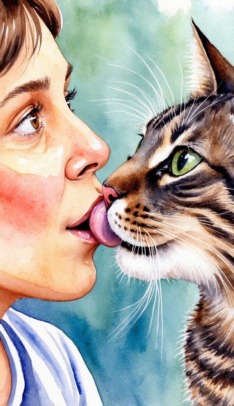 A cat nuzzles against a person's face, licking their nose affectionately. The person looks surprised but amused, as the cat continues grooming them