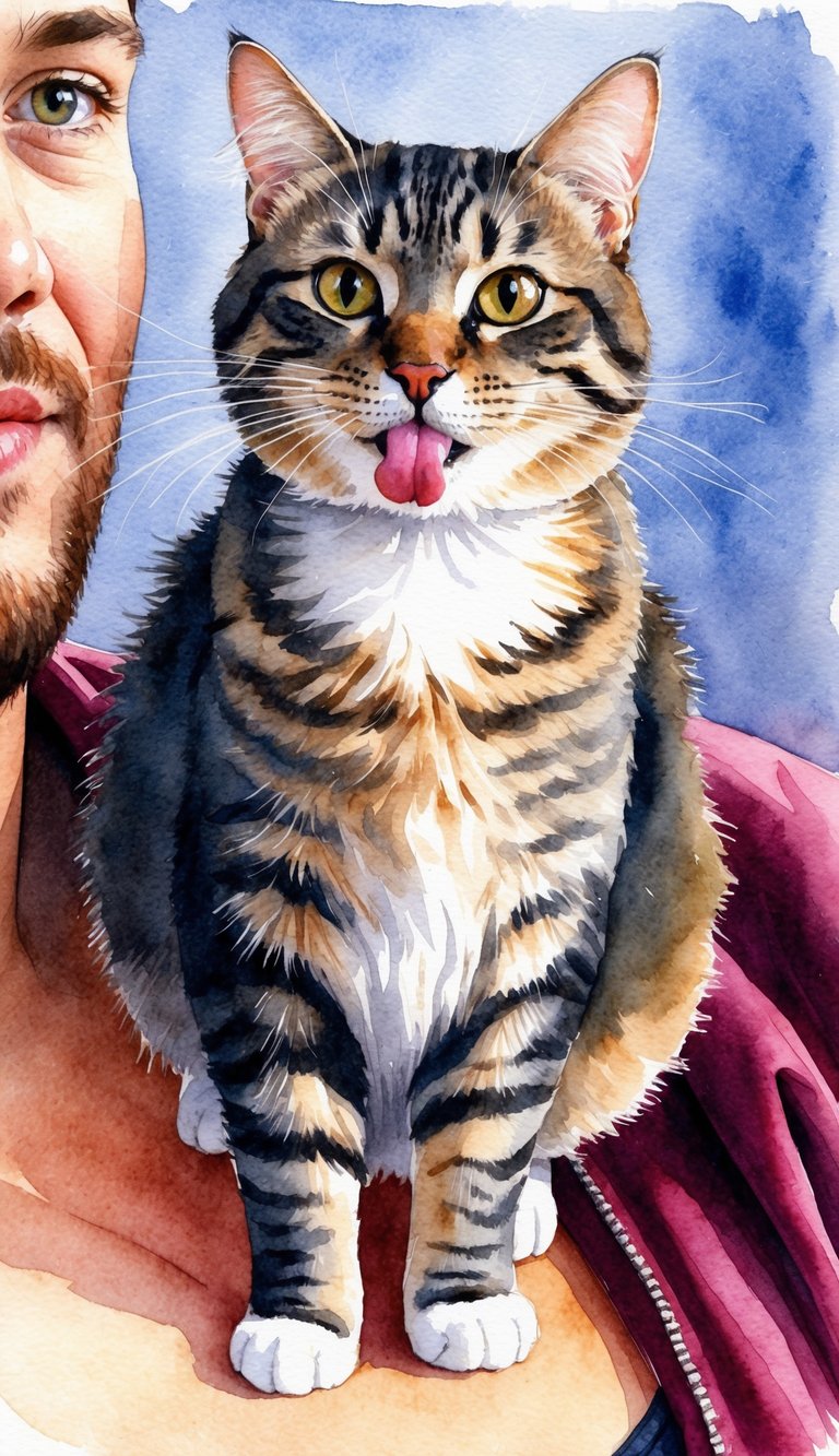 A cat sitting on a person's chest, licking their nose with a curious expression