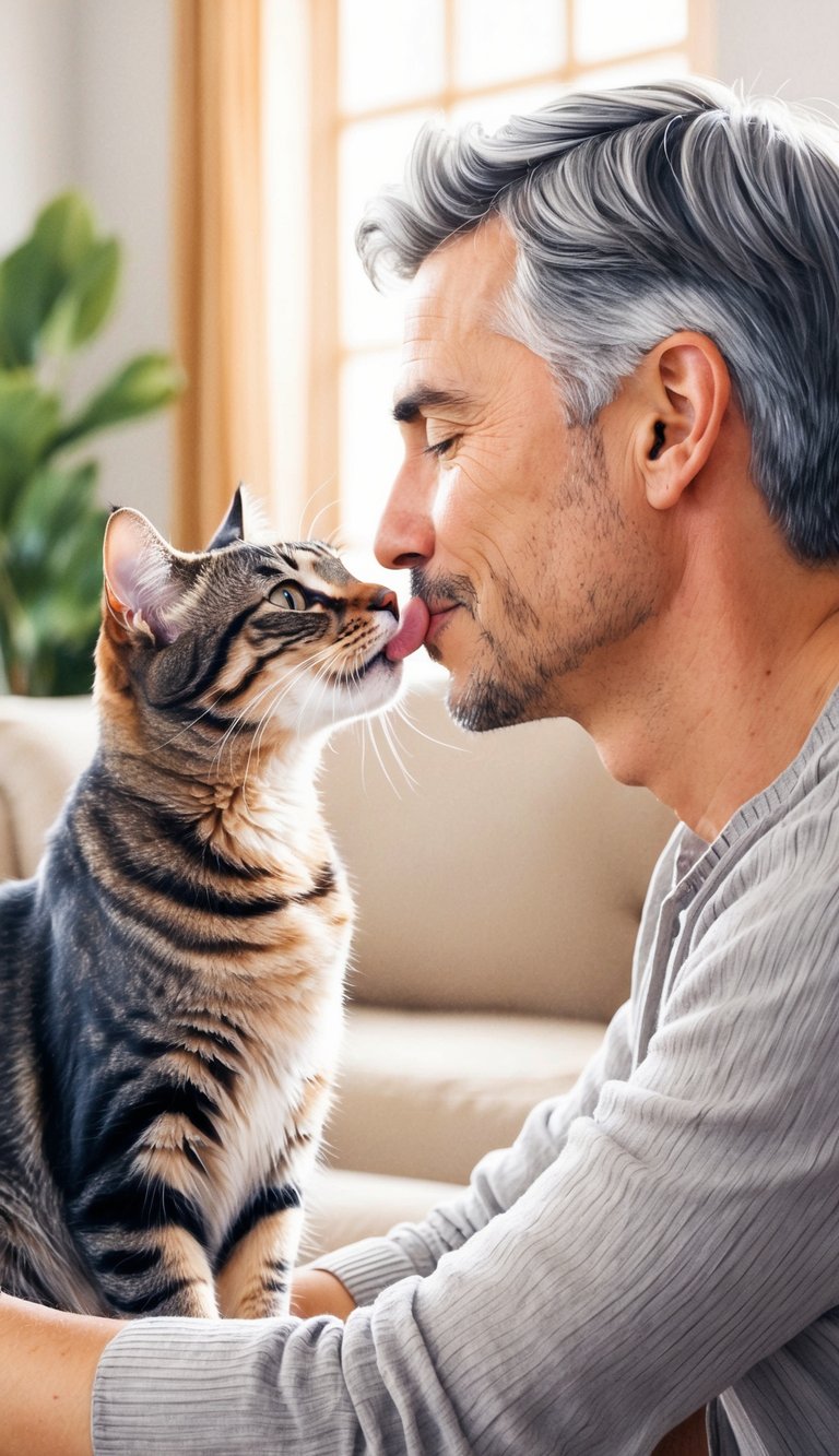 A cat tenderly licks the nose of their owner, expressing affection and trust in a cozy living room setting