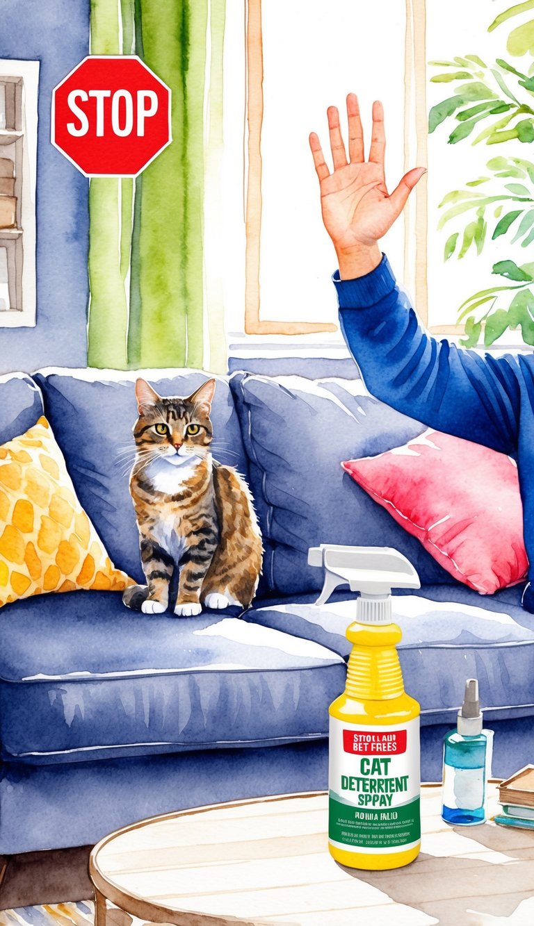 A cozy living room with a cat perched on a couch, a person holding up a hand in a "stop" gesture, and a bottle of cat deterrent spray on the coffee table