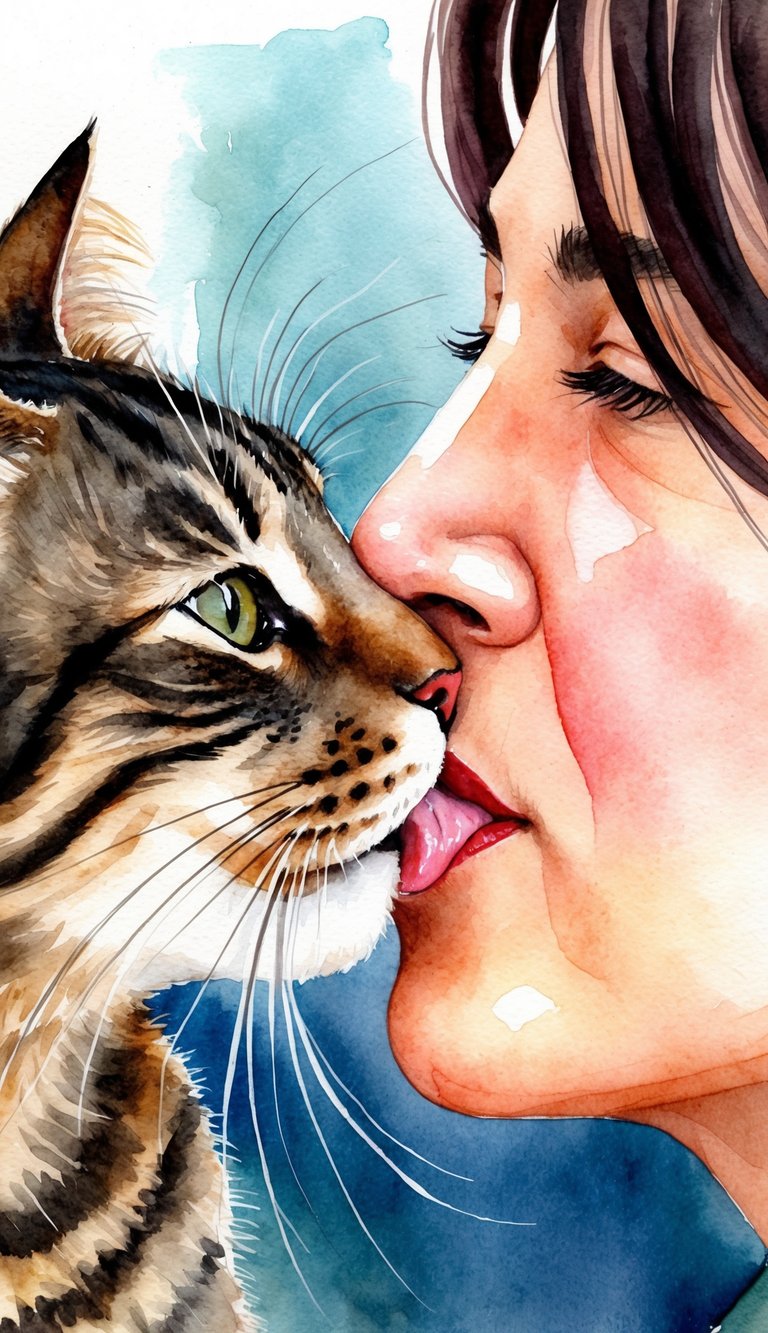 A cat nuzzles close, whiskers tickling, as it affectionately licks the nose of its owner