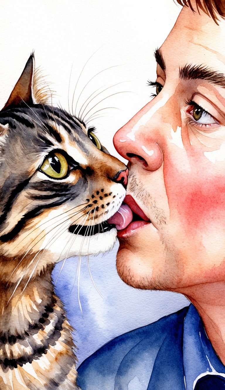 A cat licking a person's nose with a curious expression
