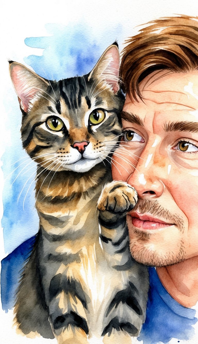 A cat with one paw on a person's face, looking curious and affectionate