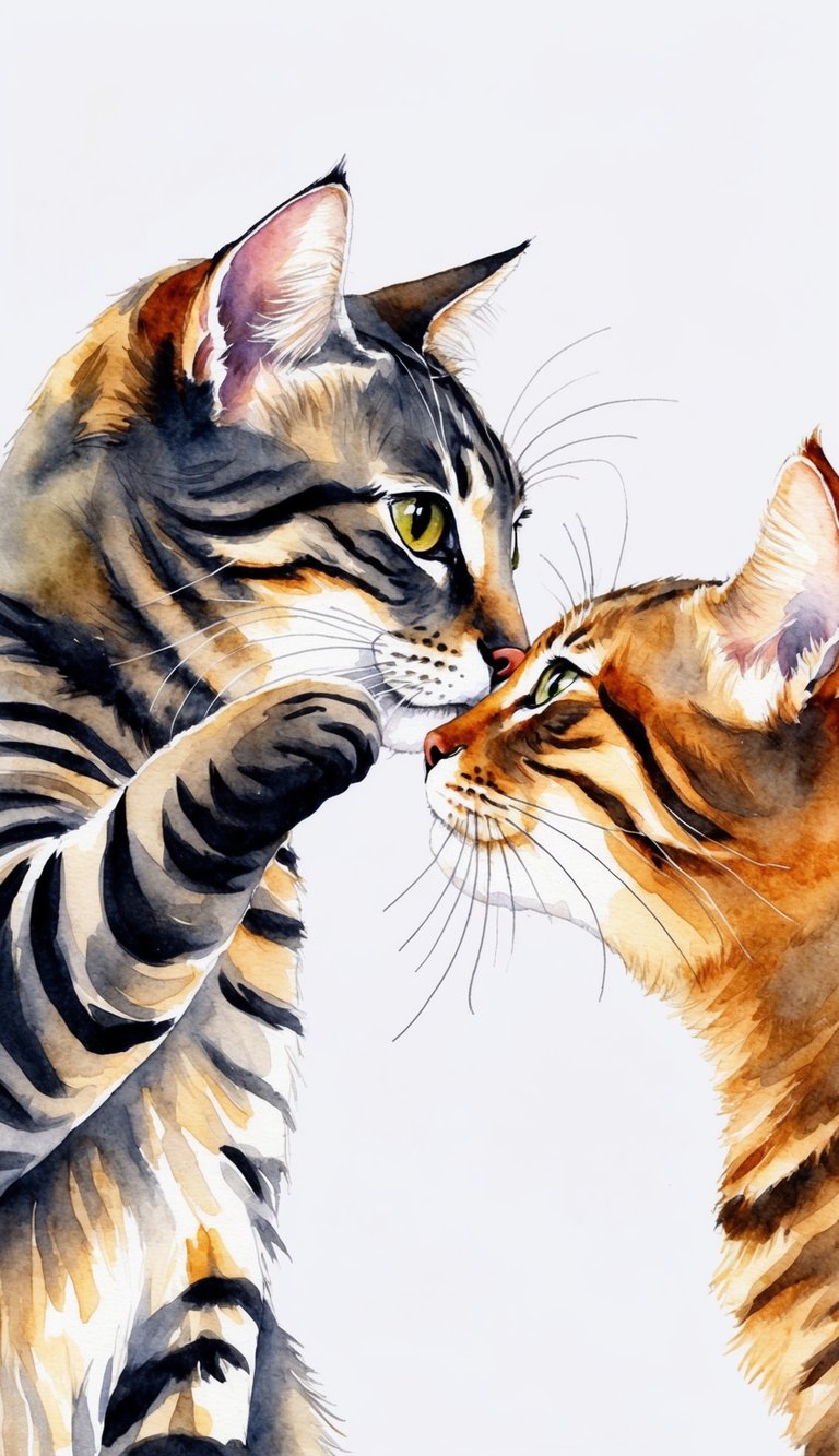 A cat with outstretched paws gently touches the face of another cat, their cheeks meeting in a tender display of feline affection