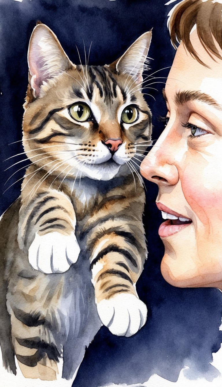 A cat with outstretched paws leaning toward a person's face, purring with a close-up expression of curiosity and affection