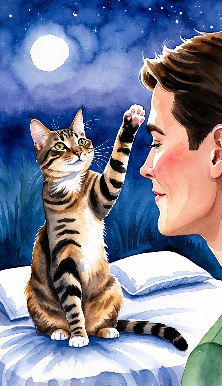 A cat sits on a bed at twilight, then stretches and paws at a human's face for affection