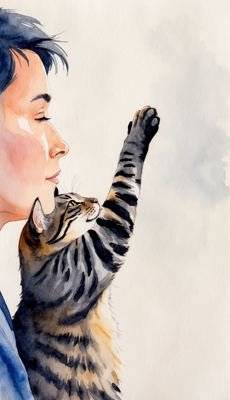 A cat gently reaches its paws up towards a person's face, showing affection and seeking comfort through physical touch