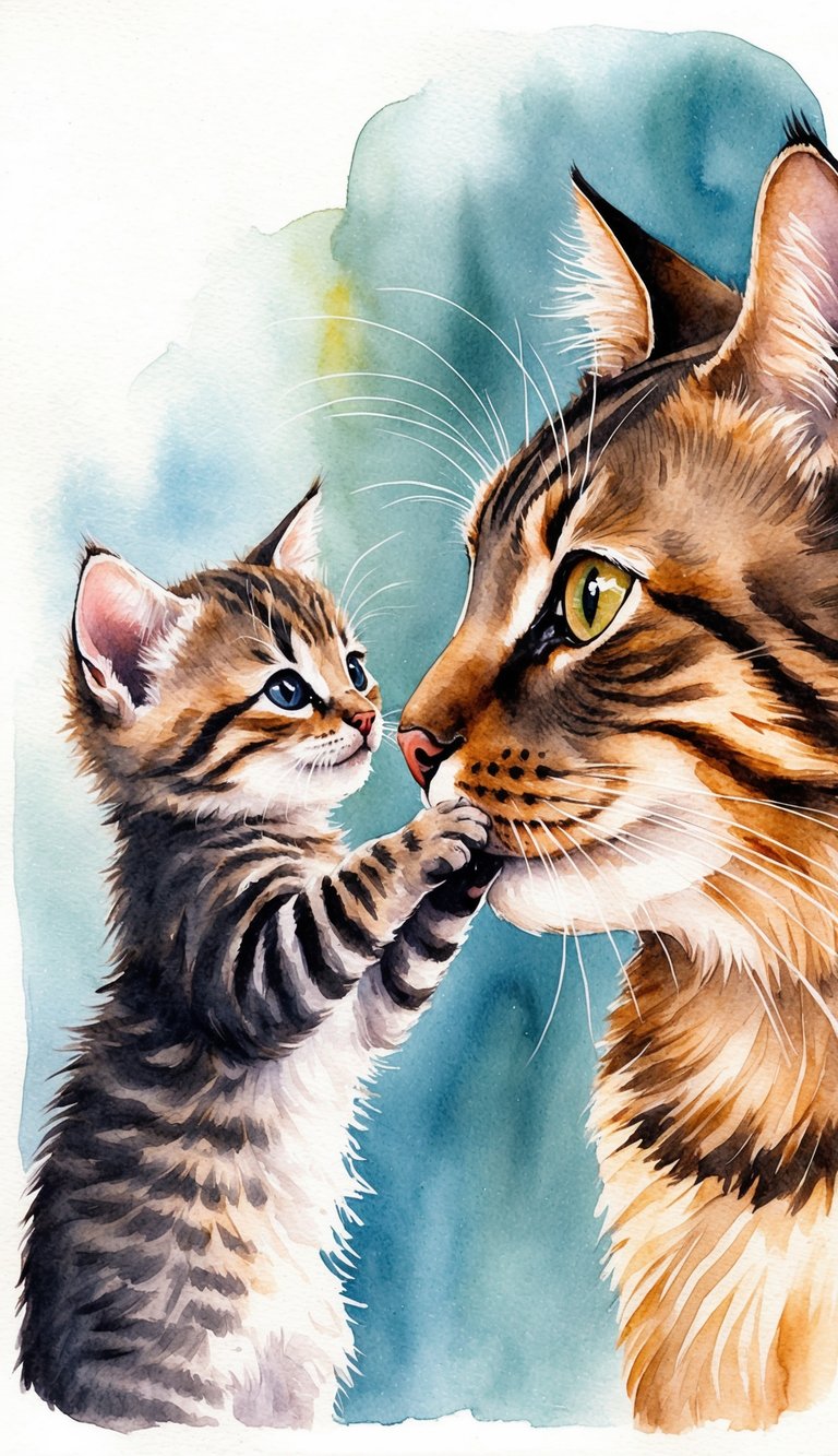 A tiny kitten gently places its paws on the face of a larger, older cat, their eyes meeting in a tender moment of connection