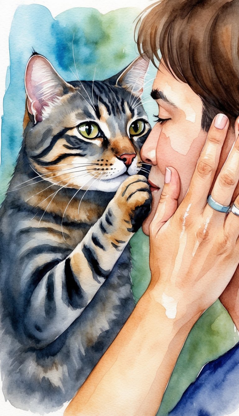 A cat gently pressing its paws against a person's face, leaning in with a look of affection and ownership