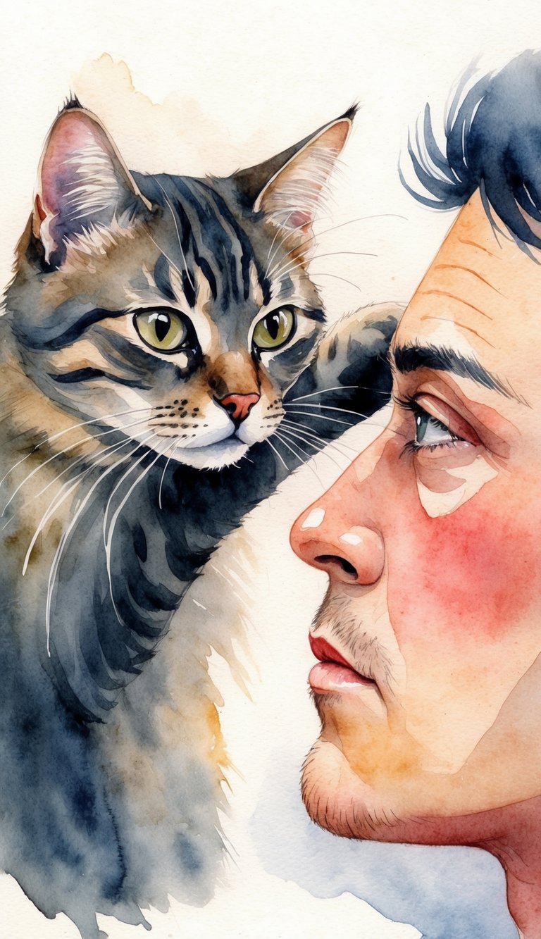 A cat with one paw on a person's face, gazing into their eyes with a concerned expression