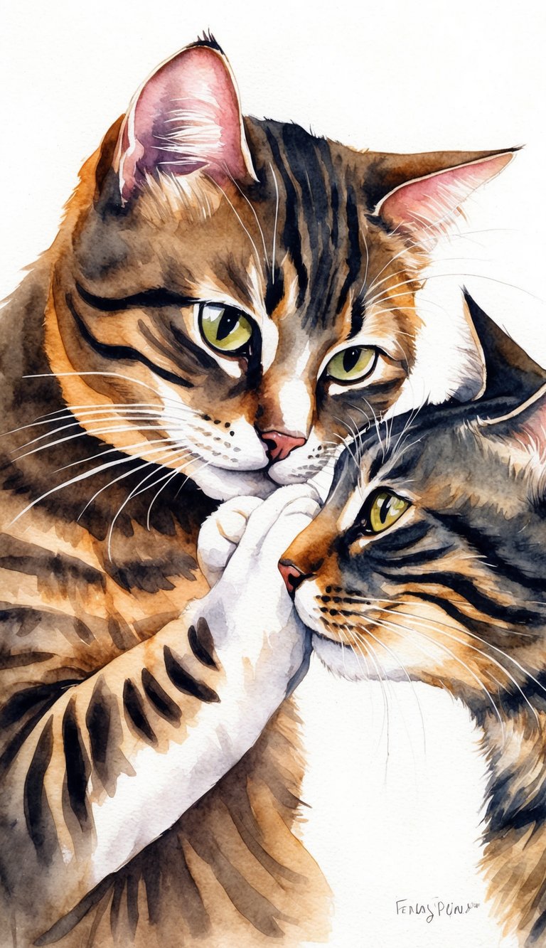 A cat gently places its paws on another cat's face, showing affection and establishing social boundaries