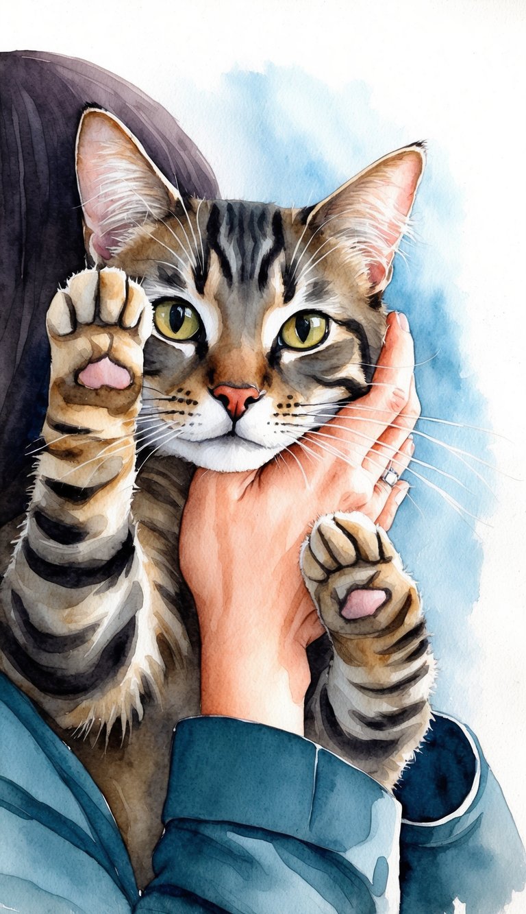 A cat with paws on someone's face, showing affection and bonding through physical touch