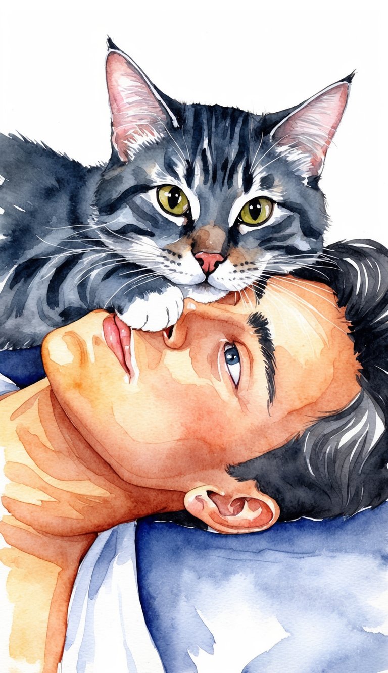 A cat with its front paws resting gently on a person's face as they lie down, looking curious and affectionate