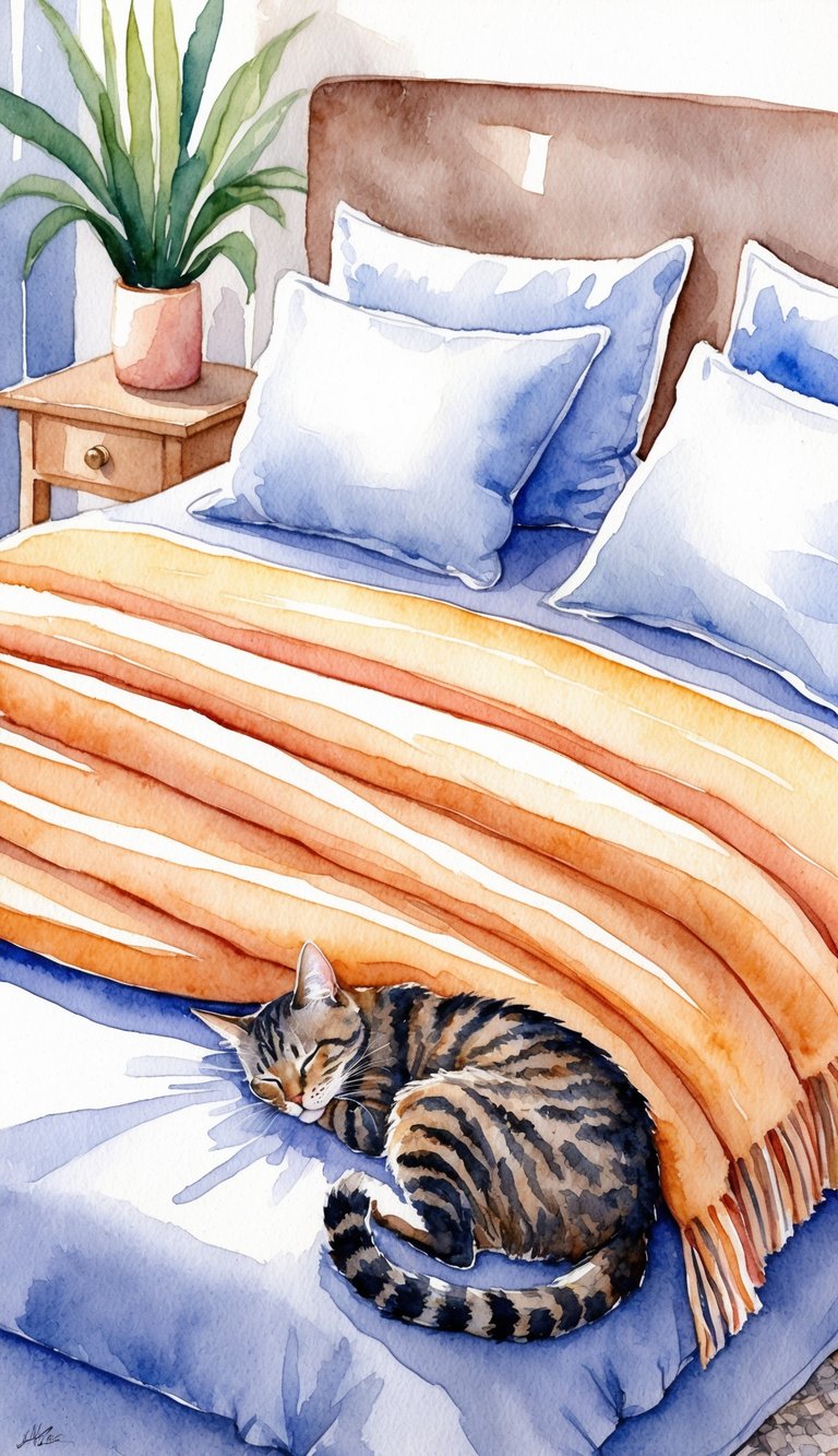 A cozy bedroom with a warm blanket on a bed, a cat curled up at the foot of the bed, peacefully sleeping