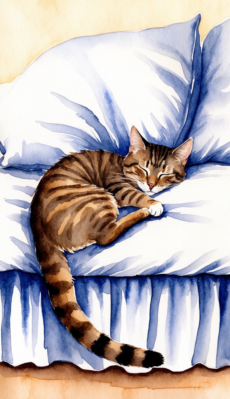 A cat peacefully sleeping at the foot of a bed, curled up with its tail wrapped around its body