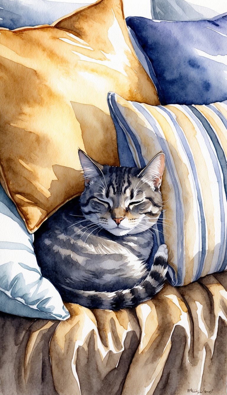 A cat curls up at the foot of a bed, nestled among blankets and pillows, with a peaceful expression on its face