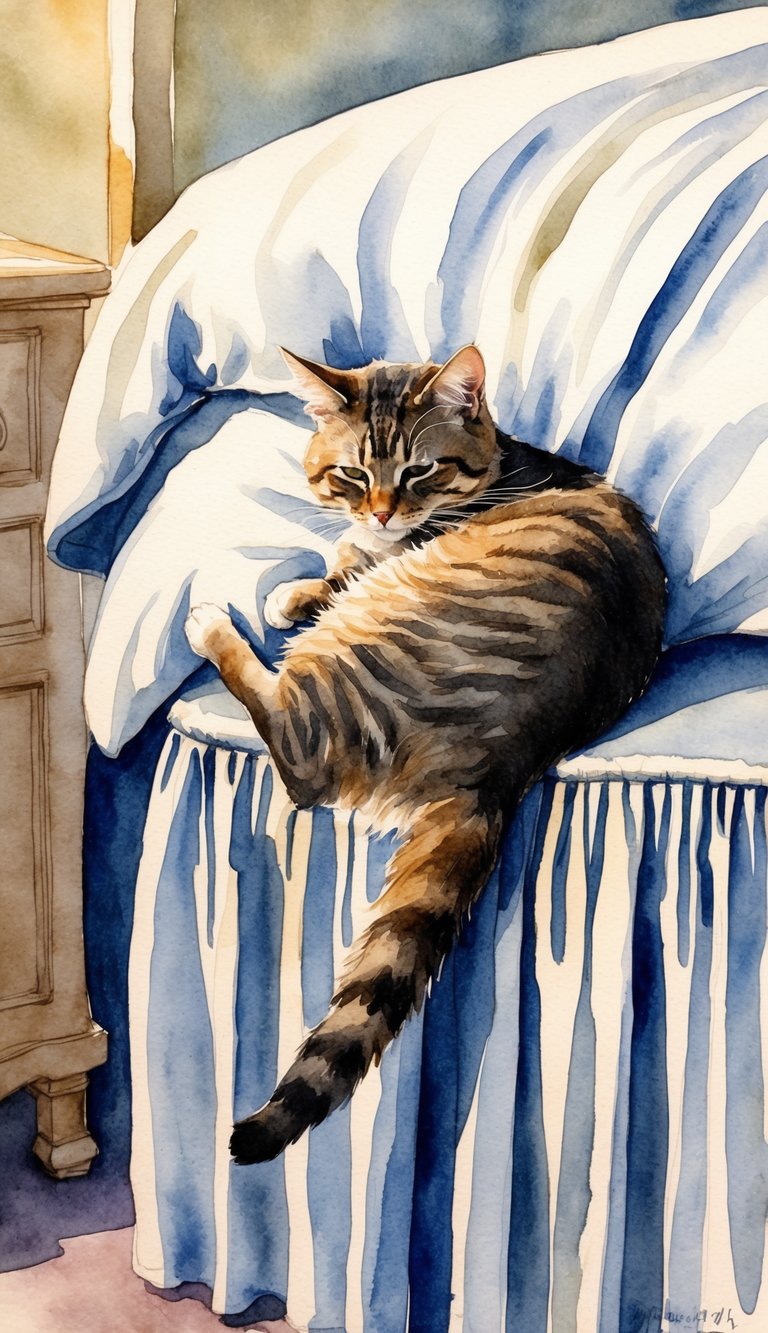 A cat curled up at the foot of a bed, with its head resting on its paws