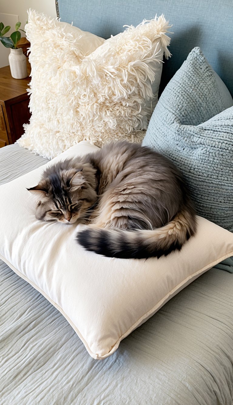 A fluffy cat curls up on a soft, plush pillow at the foot of a cozy bed, surrounded by various textured cushions and blankets