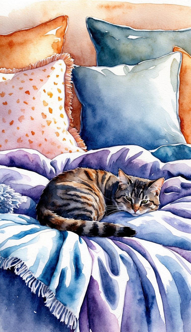 A cozy bedroom with a cat curled up at the foot of the bed, surrounded by blankets and pillows