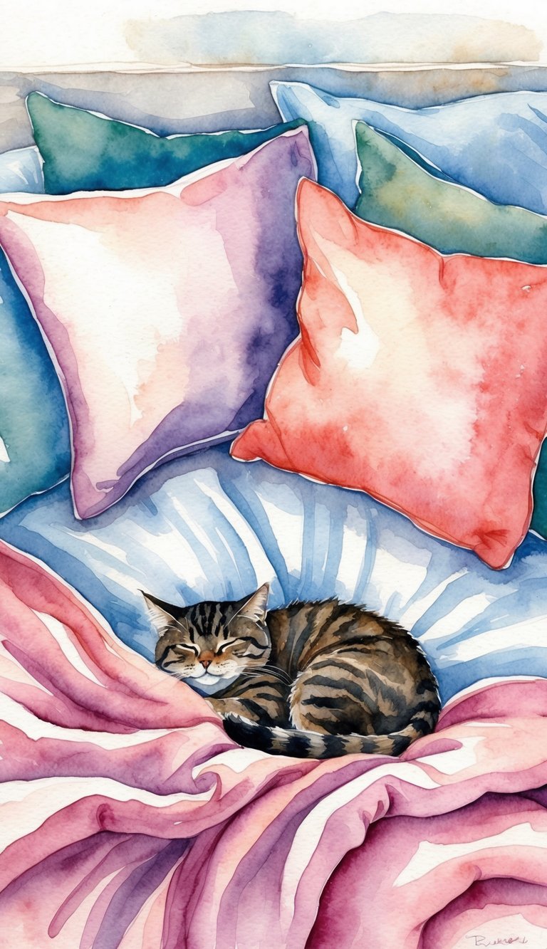 A cozy bed with a sleeping cat nestled at the foot, surrounded by soft blankets and pillows