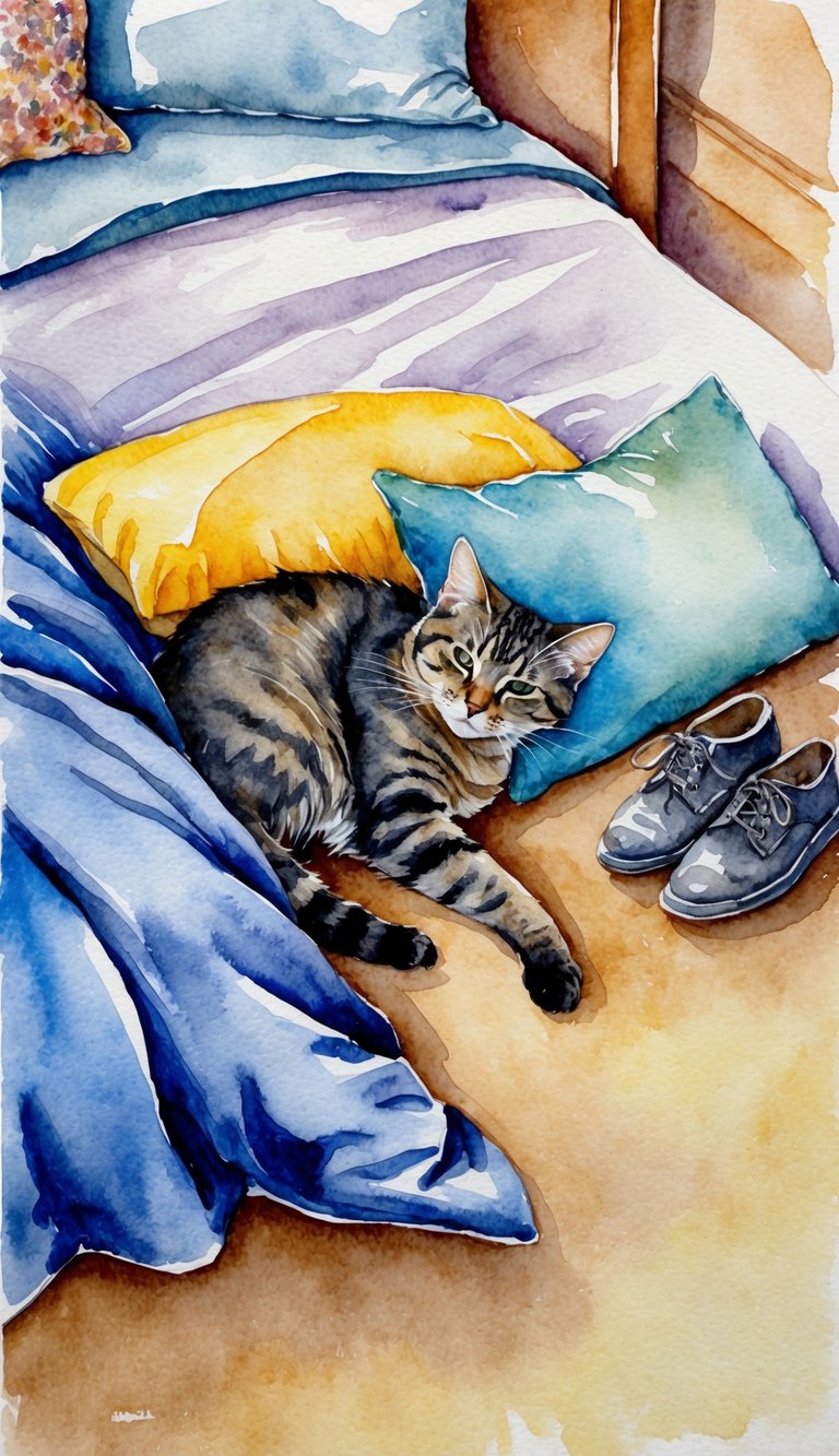 A cat curls up at the foot of a bed, surrounded by various scents - a pair of worn shoes, a cozy blanket, and a familiar pillow