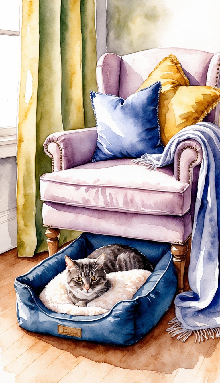 A cozy cat bed nestled at the foot of a plush armchair, surrounded by soft blankets and a warm, inviting atmosphere