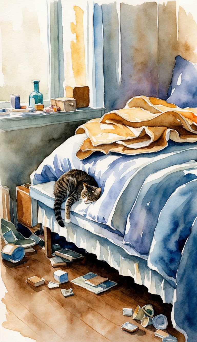 A cat peacefully sleeps at the foot of a bed, surrounded by scattered objects and a disheveled blanket