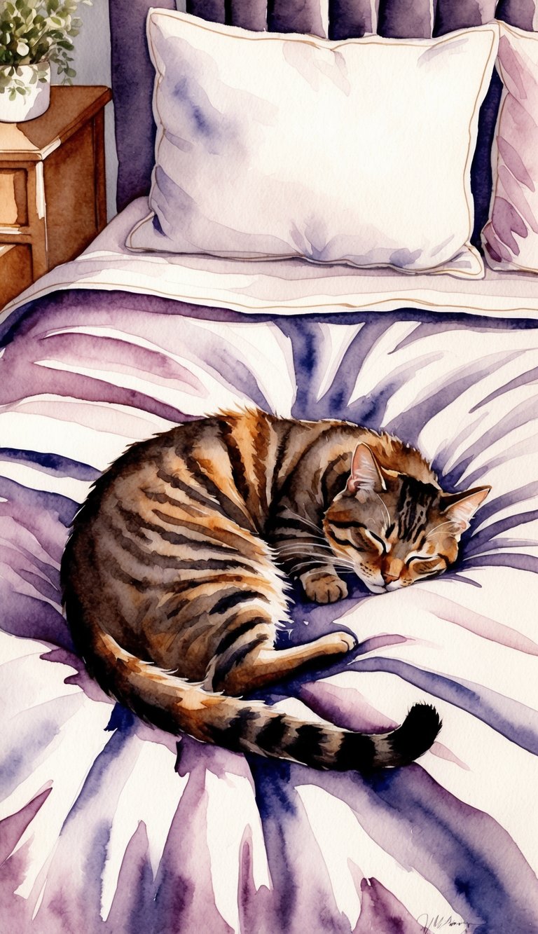 A cozy bed with a sleeping cat curled up at the foot of it