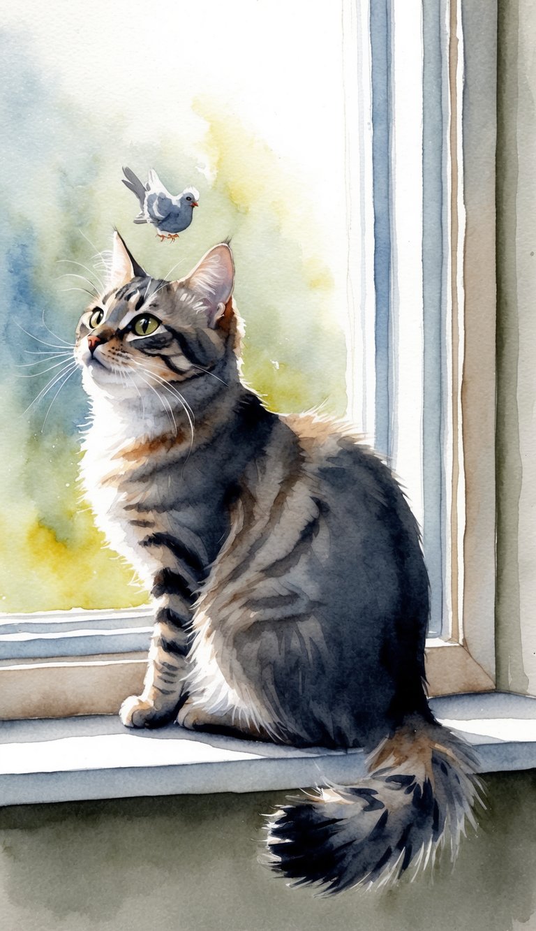 A cat with a small, round body and a fluffy tail perched on a windowsill, making cooing sounds like a pigeon