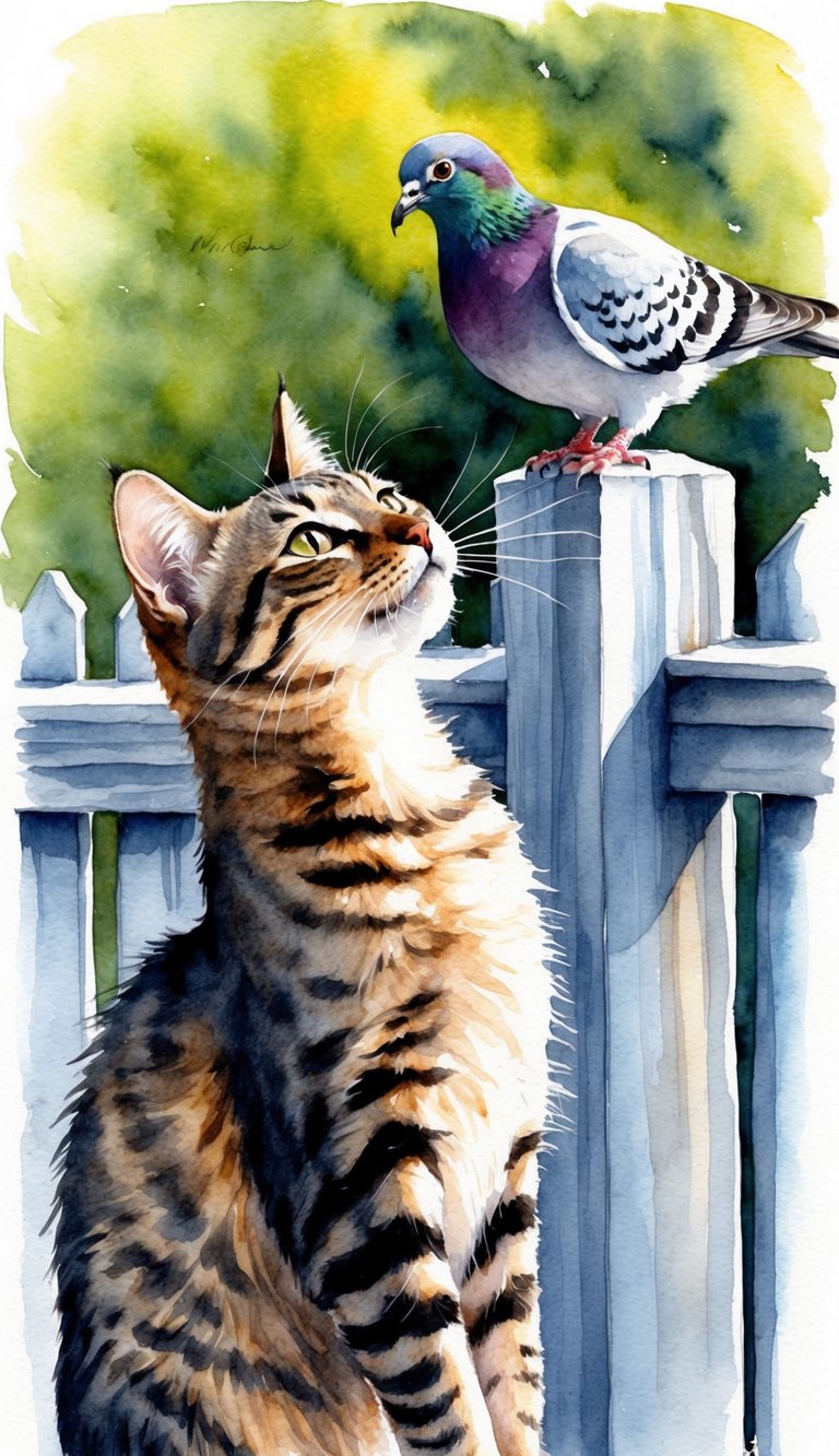 A curious cat tilts its head, mimicking the cooing sound of a pigeon perched on a nearby fence