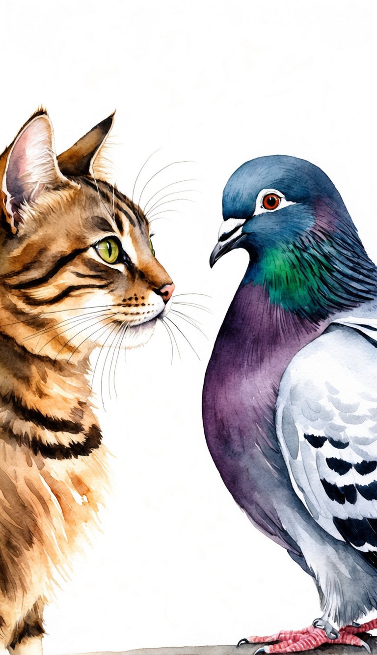 A cat and a pigeon facing each other, with the cat making cooing sounds and the pigeon mimicking the cat's meowing