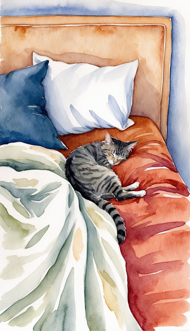 A cozy bed with a sleeping cat nestled next to a person, while the other side of the bed remains empty