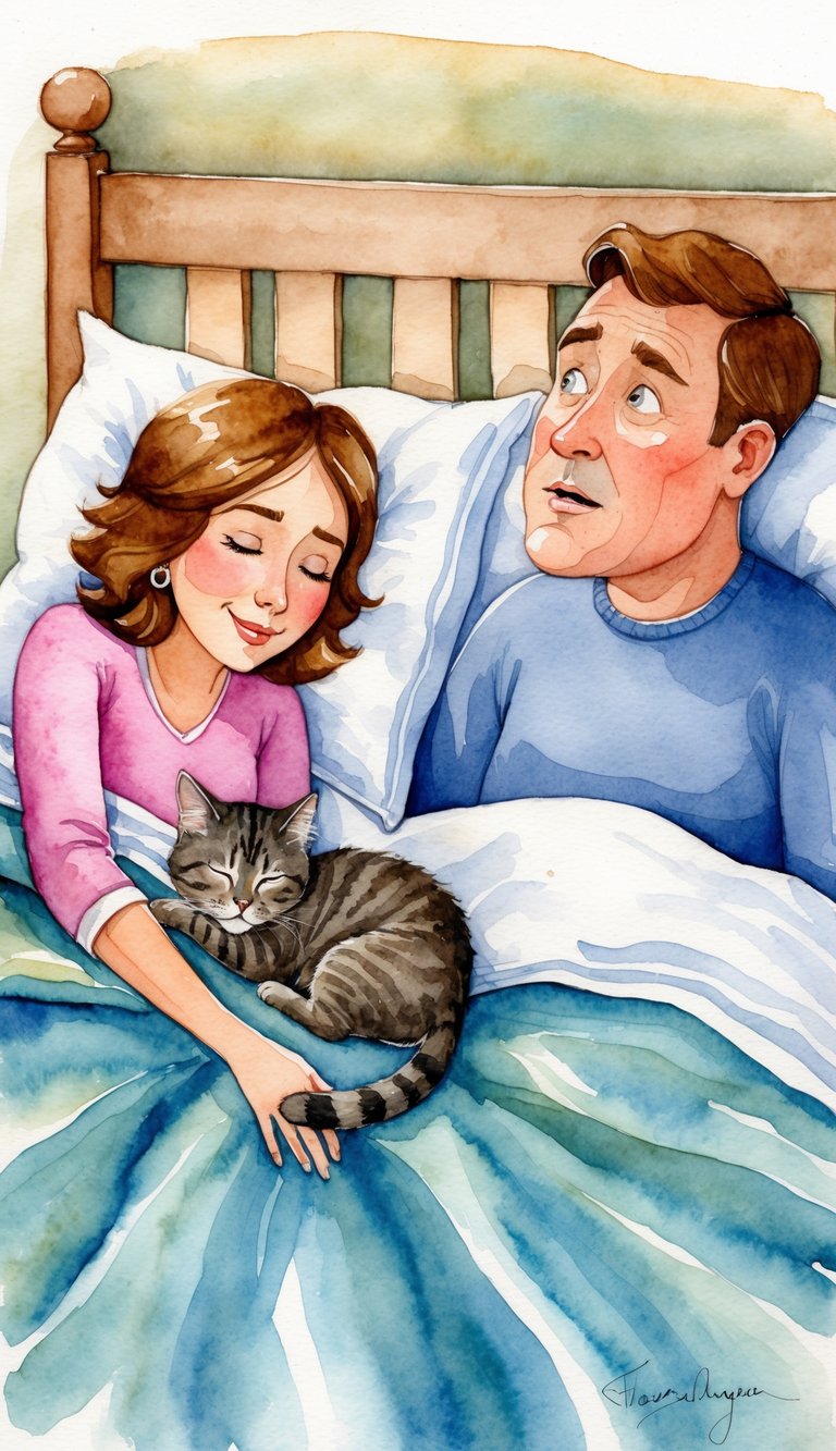 A cozy bed with a sleeping cat nestled next to a woman, while a man looks on from his own bed with a puzzled expression